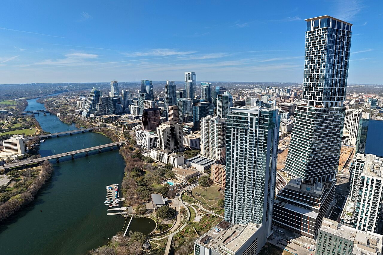 Downtown Austin and the Colorado River from above